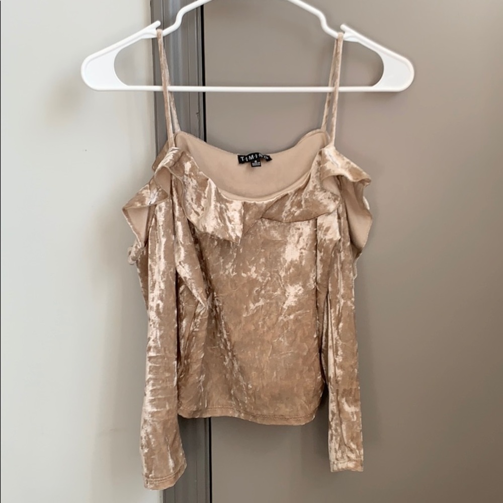 SHINY silky soft gold crop top with a ruffle!